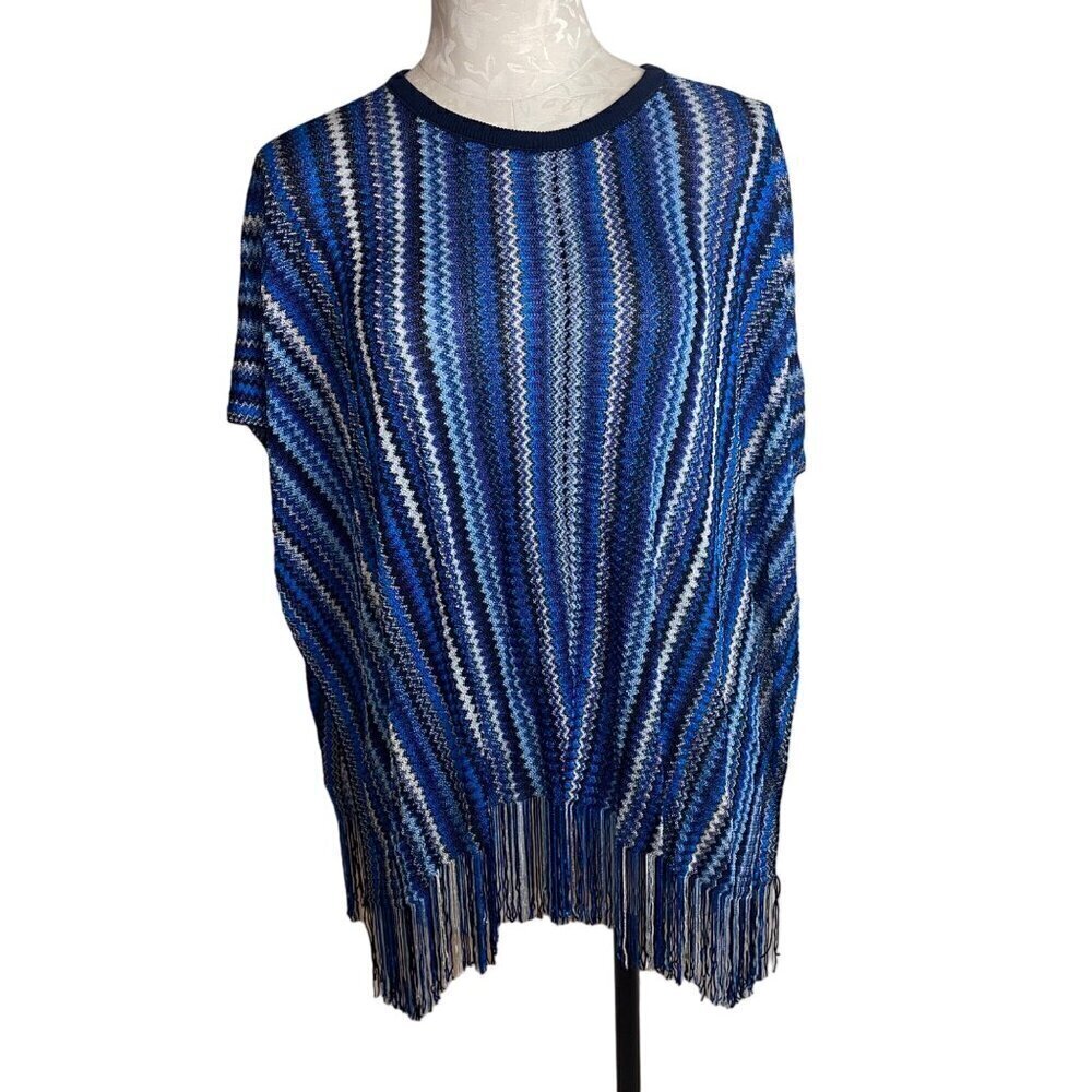 Missoni Womens Top One Size Blue Poncho Cape Chevron Knit Zig Zag Fringe New